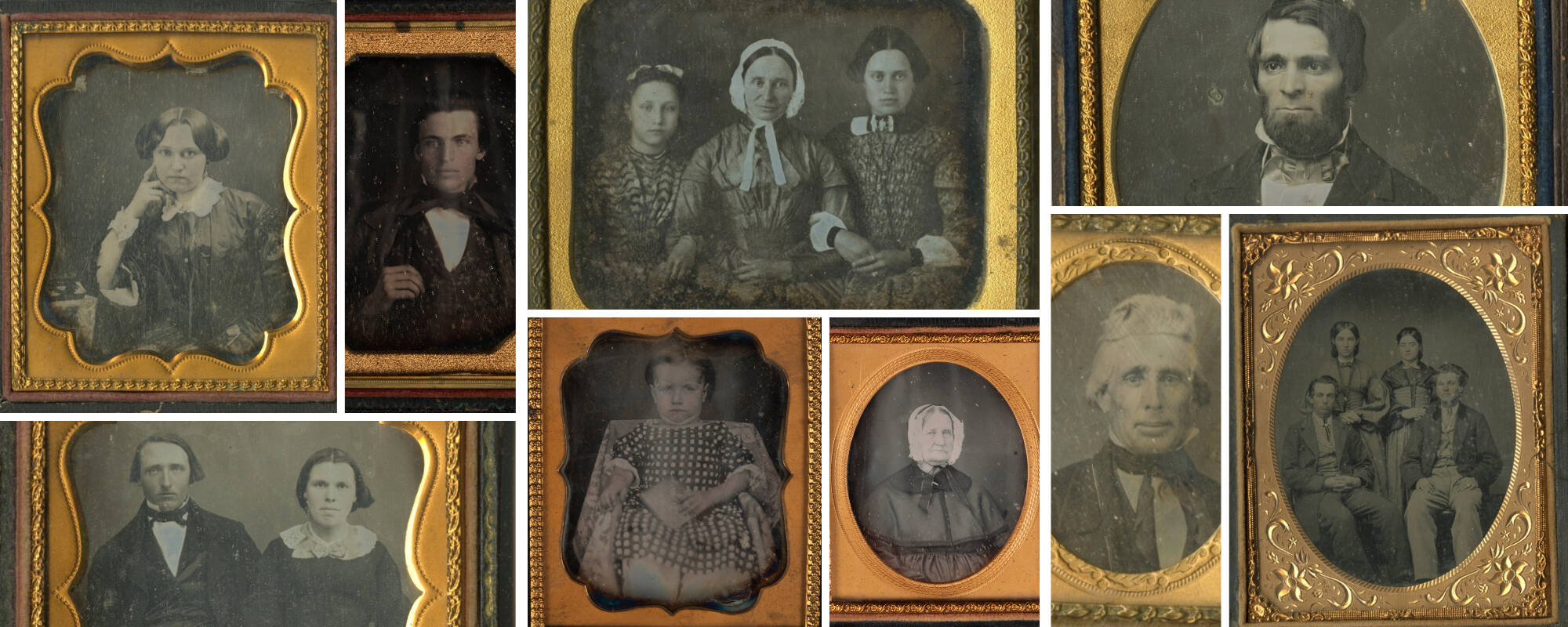 Collage of nine different images from the GVSU Art Museum Collection that showcase historic daguerreotype photographs.